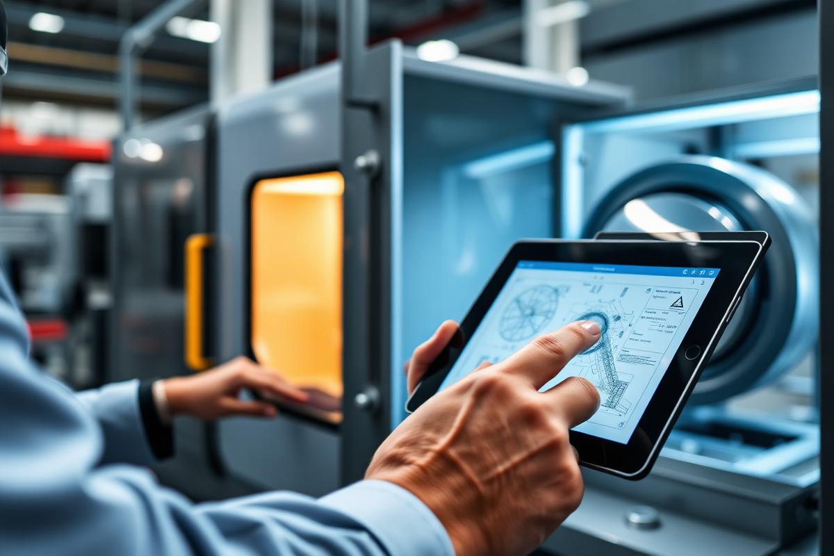 Engineer inspecting a CNC machine with a digital tablet